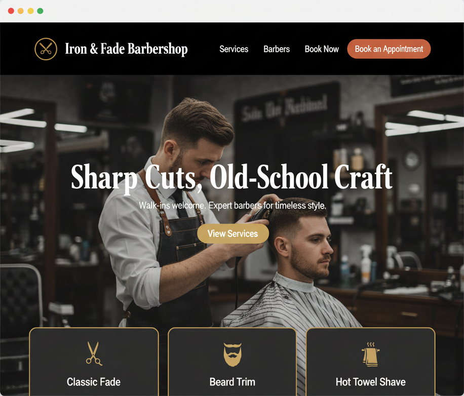 Iron & Fade Barbershop website mockup